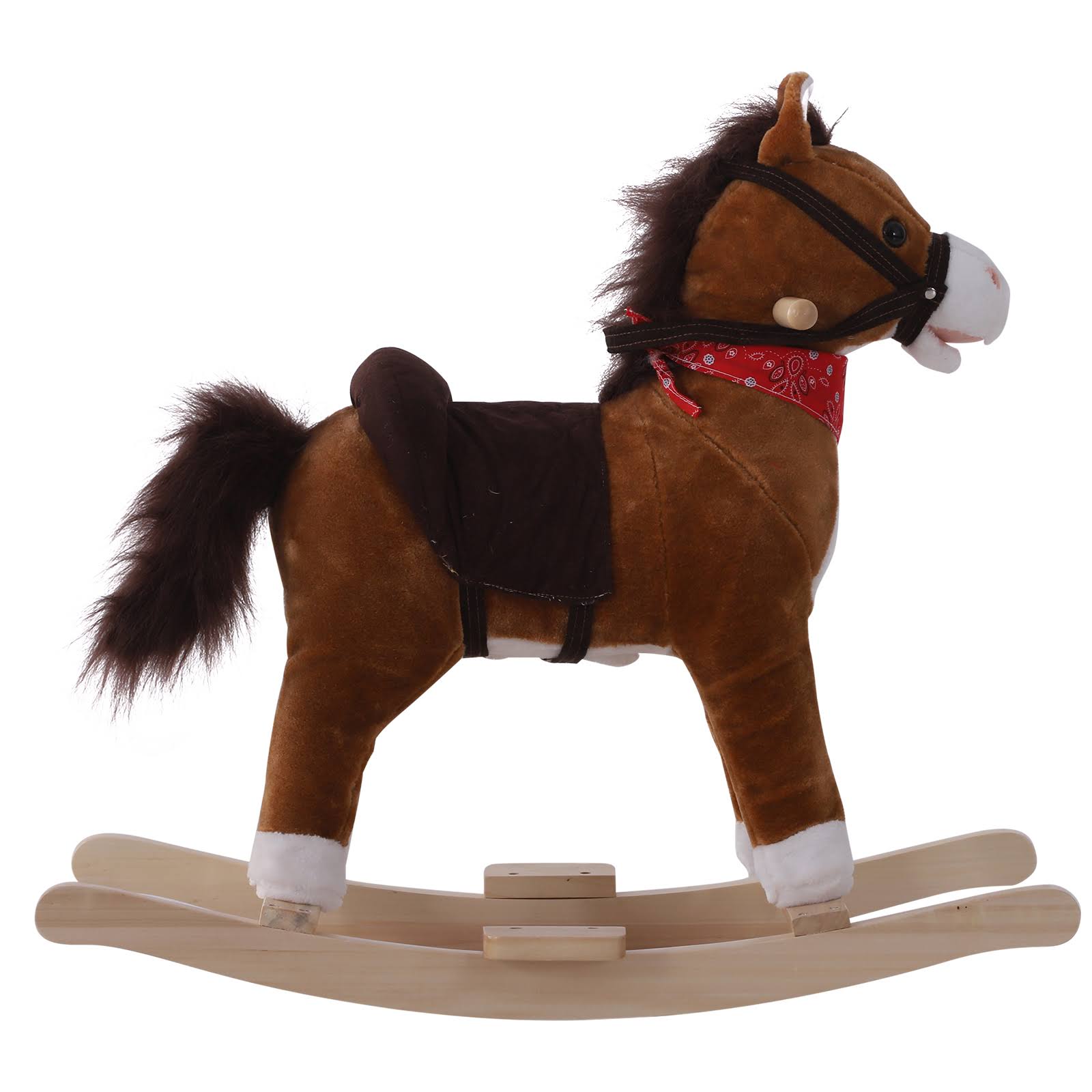 Qaba Kids Plush Toy Rocking Horse Ride on with Realistic Sounds u0026 Tail with Red Scarf