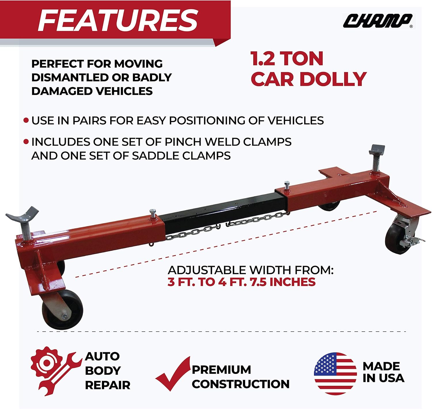 Champ 1.2 Ton Car Dolly - Professional - Made in USA