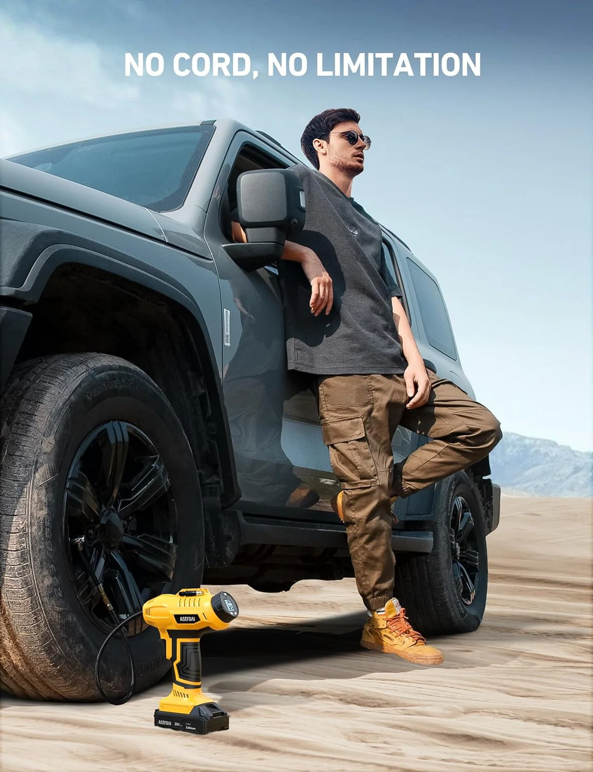 Car Auto Tire Inflator, 160 PSI Cordless Car Air Pump, with 20V Rechargeable Battery, Yellow, for Gift