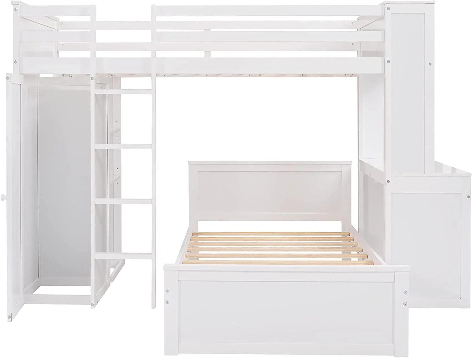 Over Bunk Beds With Desk And Drawers, Wooden Size Loft Bed Removable Wardrobe Shelves Storage Ladder Guardrails For Kids White