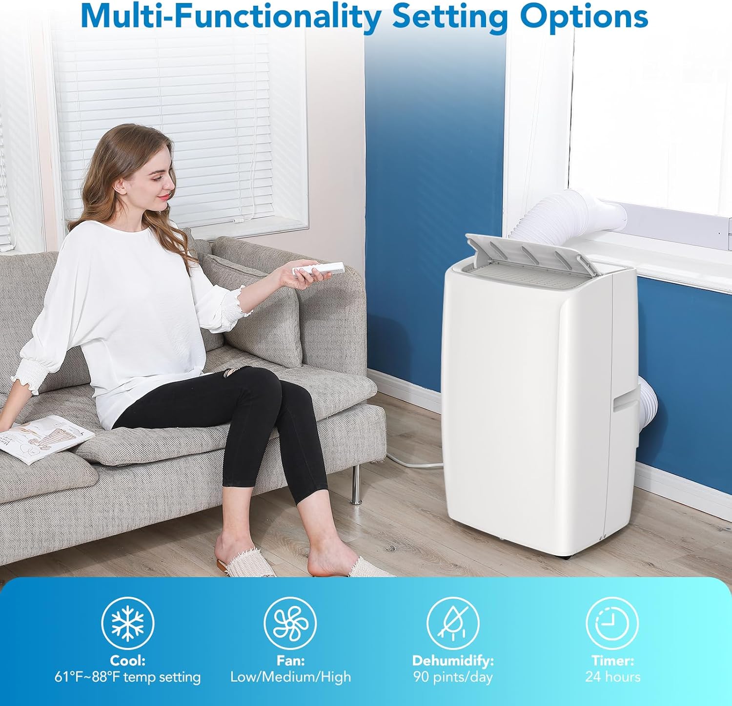 14,000BTU Portable Air Conditioner, Portable AC Unit for Room up to 750 Sq. Ft. Spaces, Portable AC with Remote Control, 3In1 Cool, Fan, Dehumidify Modes, Portable AC Unit for Indoor Room Office