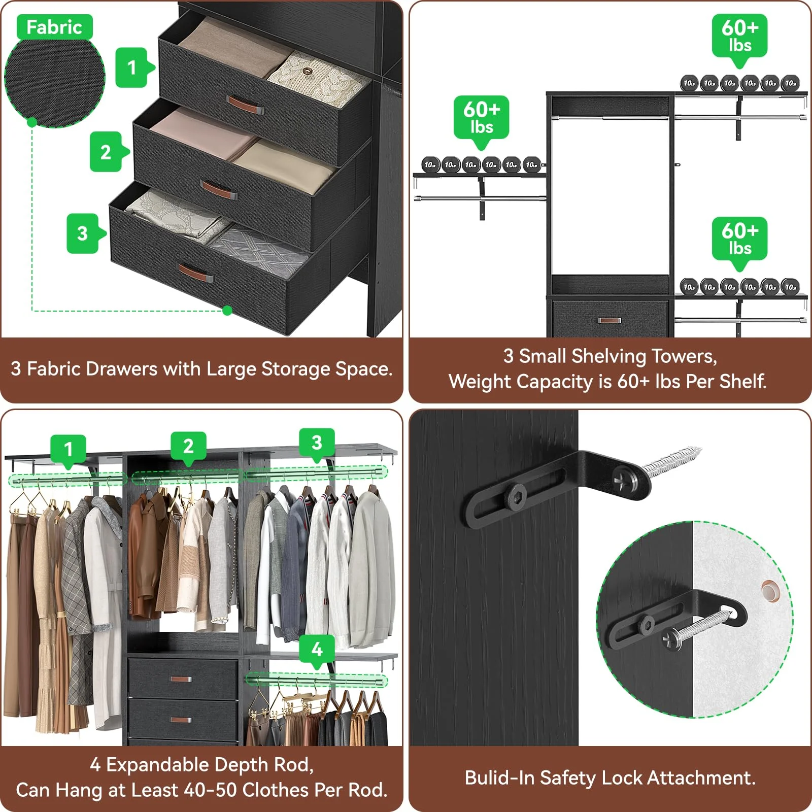 Homieasy 5FT Closet System with 3 Fabric Drawers, 60'' Walk In Closet Organizer System With 3 Adjustable Shelves, Heavy Duty Clothes Rack Built-In Garment Rack, 59" L x 16" W x 71"H, Black