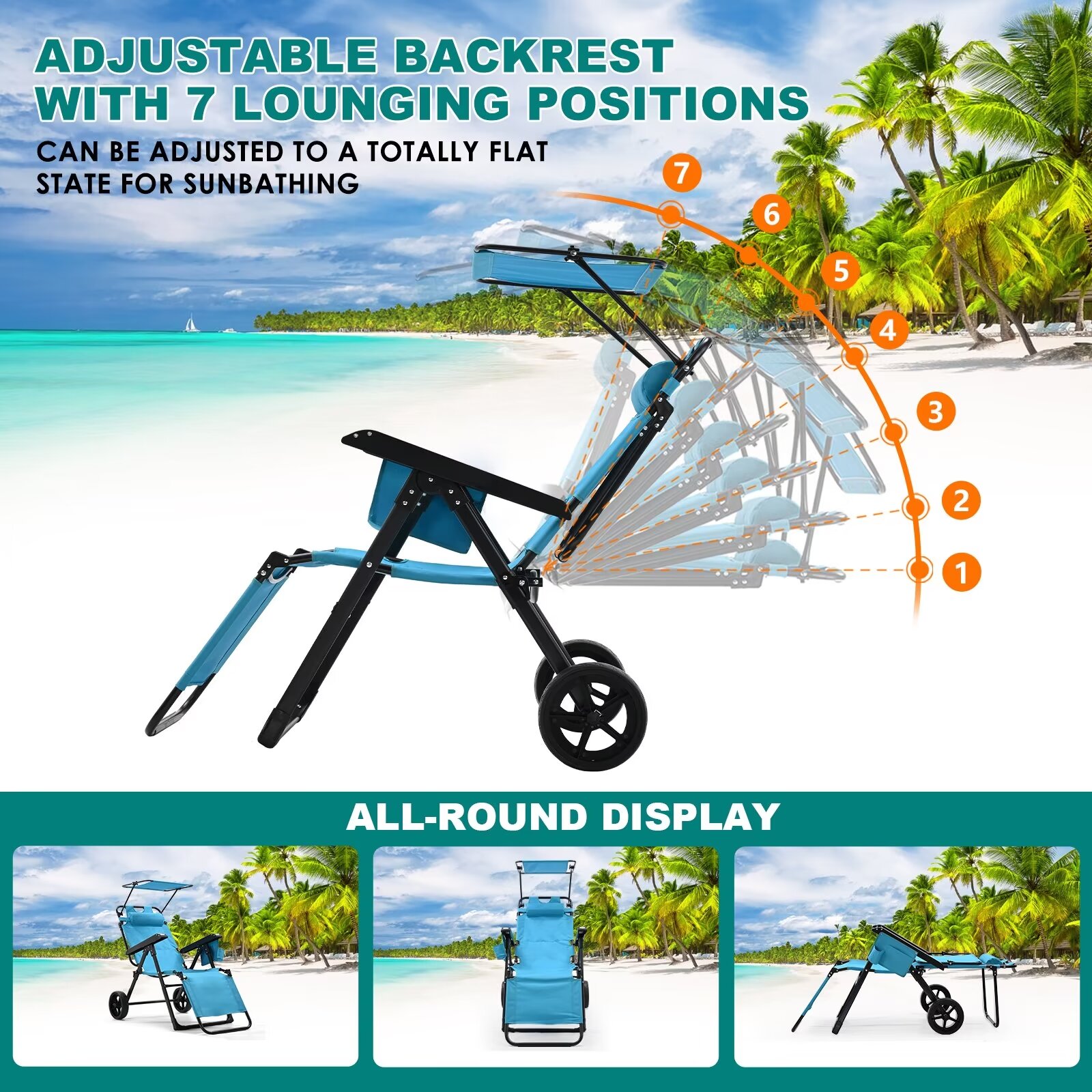 MOPHOTO Canopy Beach Chair Support 300bls, 2 in 1 Beach Cart Chair with Large Wheels, Outdoor Sunbathing Folding Beach Tanning Chair Sun Chair with Shade, Perfect for Beach, Backyard, Pool
