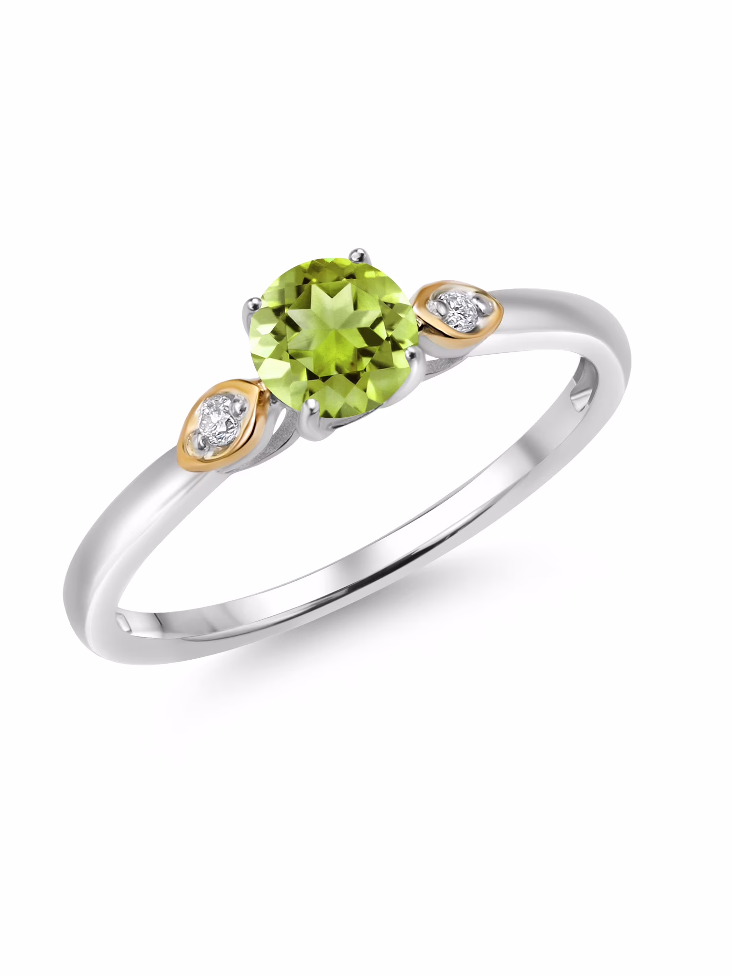 Gem Stone King 925 Sterling Silver and 10K Yellow Gold Green Peridot and White Lab Grown Diamond 3 Stone Engagement Ring For Women (0.58 Cttw, Round Gemstone August Birthstone, Size 7)