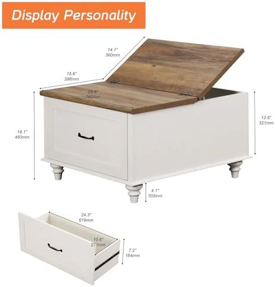 RUNFAYBIU Farmhouse Coffee Table with   Square Coffee Table with Lift Top &amp; Drawer  Wood Center Table for Living Room  Home  Office  White