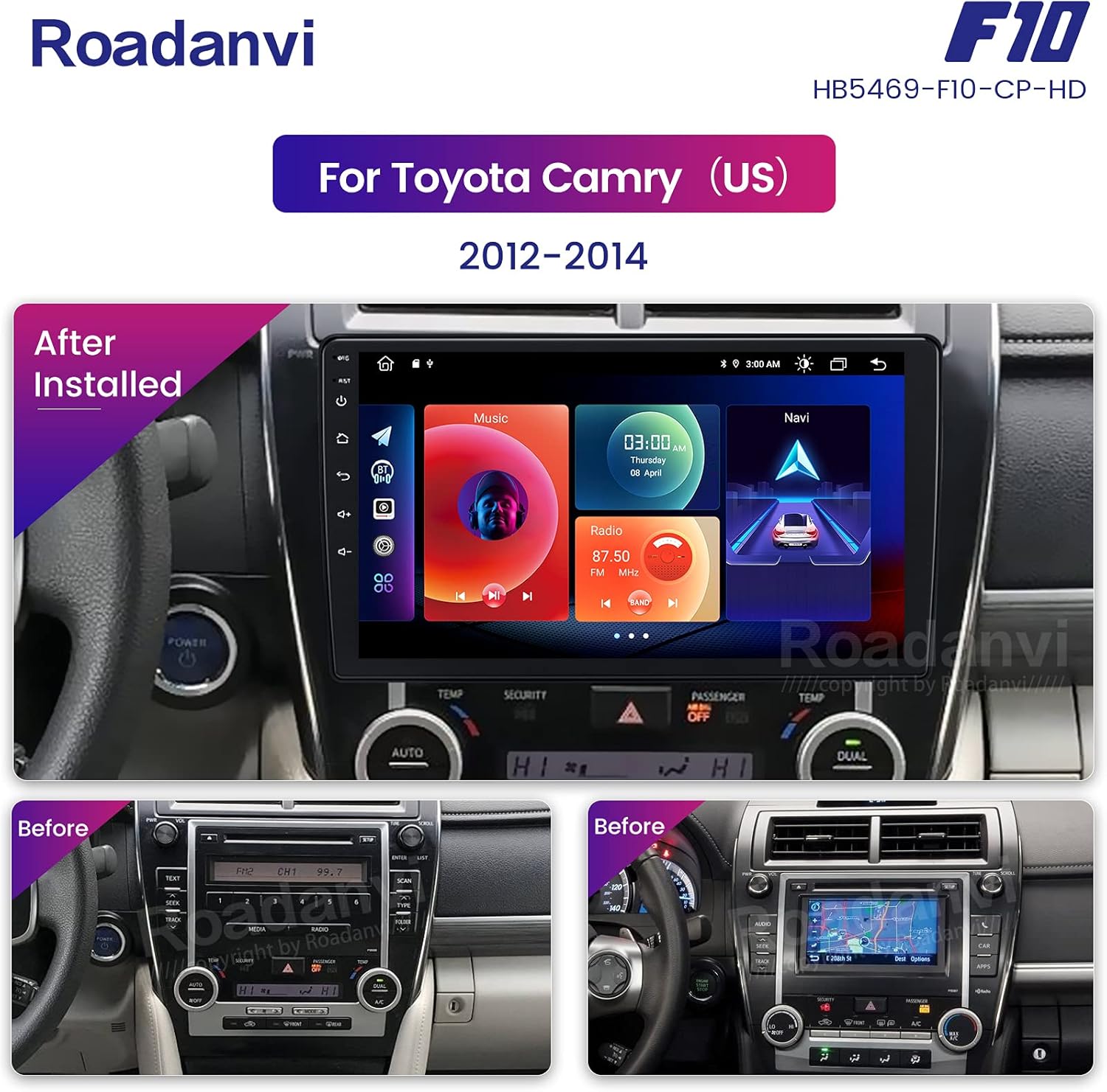 Roadanvi for Toyota Camry 2012 2013 2014 Car Stereo Bluetooth Radio for Car Navigation Carplay Android Auto 1280x720 IPS Touch Screen 4GB+64GB