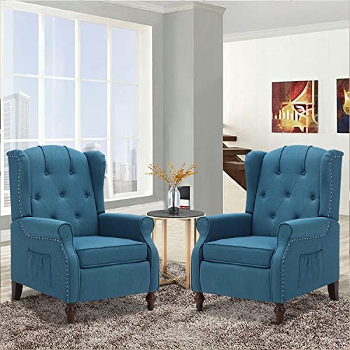 Wingback Recliner Chair with Massage and Heat, Tufted Fabric Pushback Recliner Chair, Wingback Chair with Remote Control, Padded Cushion, Wooden Legs, Small Recliners for Small Spaces