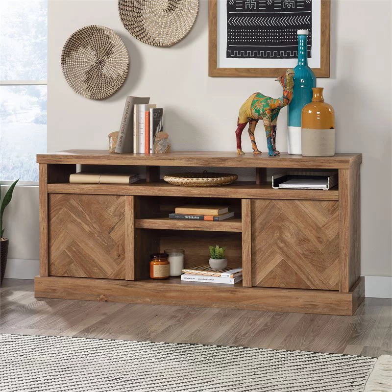 Sauder Cannery Bridge Herringbone TV Stand for TVs up to 65", Sindoori Mango Finish