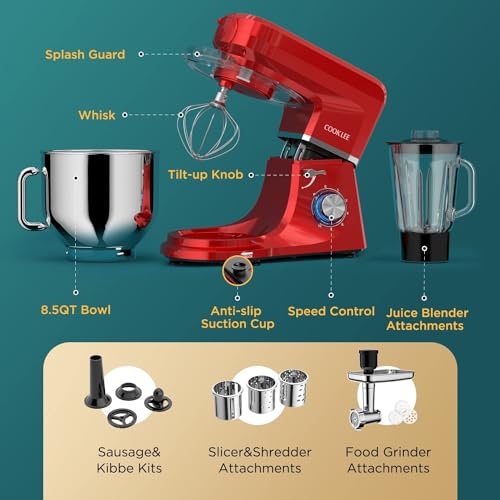 COOKLEE 6-IN-1 Stand Mixer, 8.5 Qt. Multifunctional Electric Kitchen Mixer with 9 Accessories for Most Home Cooks