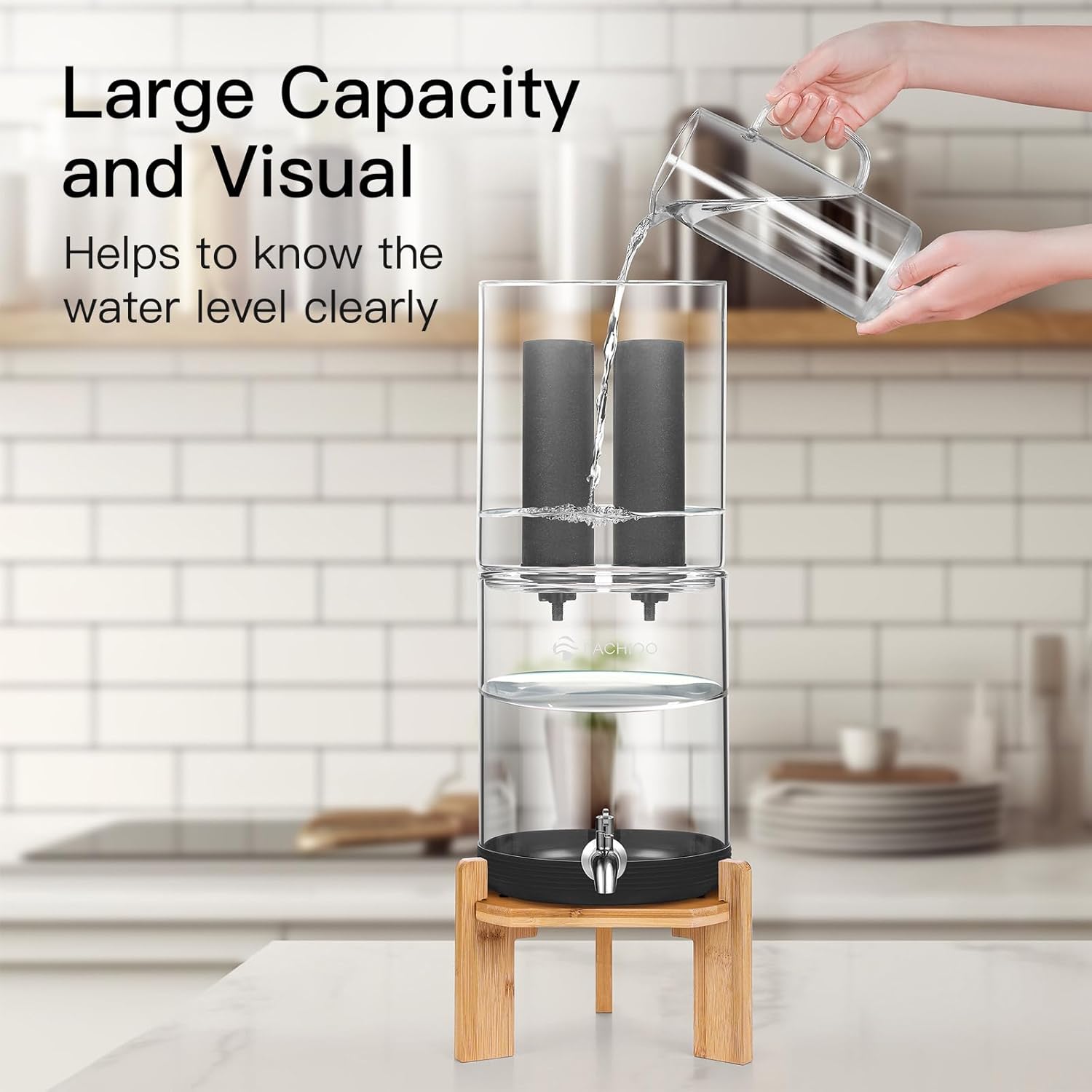 All Glass Gravity-fed Water Filter System, 2.25-Gallon All Glass Water Purifier with 4 Filters (4 Black Filter, 7 Inch Stand, Protective Sleeve), Reduces 99% Chlorine