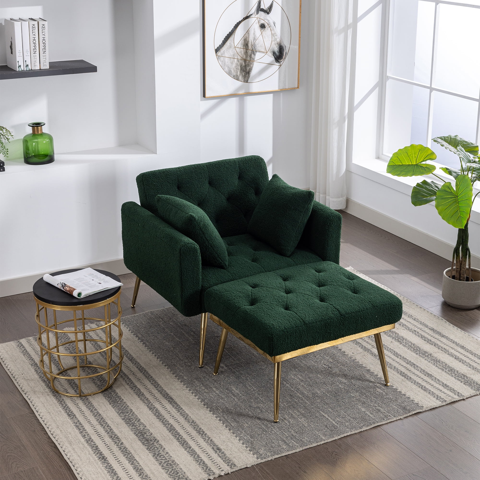 Ufurpie 36.61"Wide Modern Accent Chair With 3 Positions Adjustable Backrest,Tufted Chaise Lounge Chair,Single Recliner Armchair With Ottoman for Living Room, Bedroom,Green-Sherpa