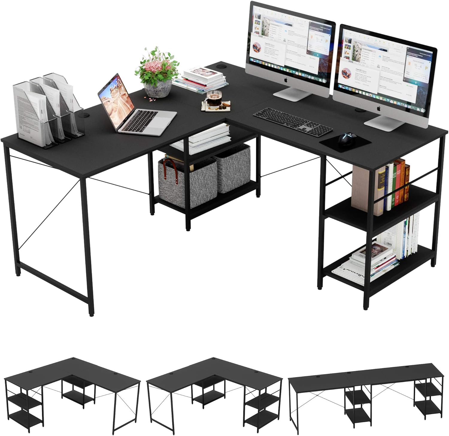 Bestier L Shaped Desk with Shelves 95.2 Inch Reversible Corner Computer Desk or 2 Person Long Table for Home Office Large Gaming Writing Storage Workstation P2 Board with 3 Cable Holes, Rustic Brown