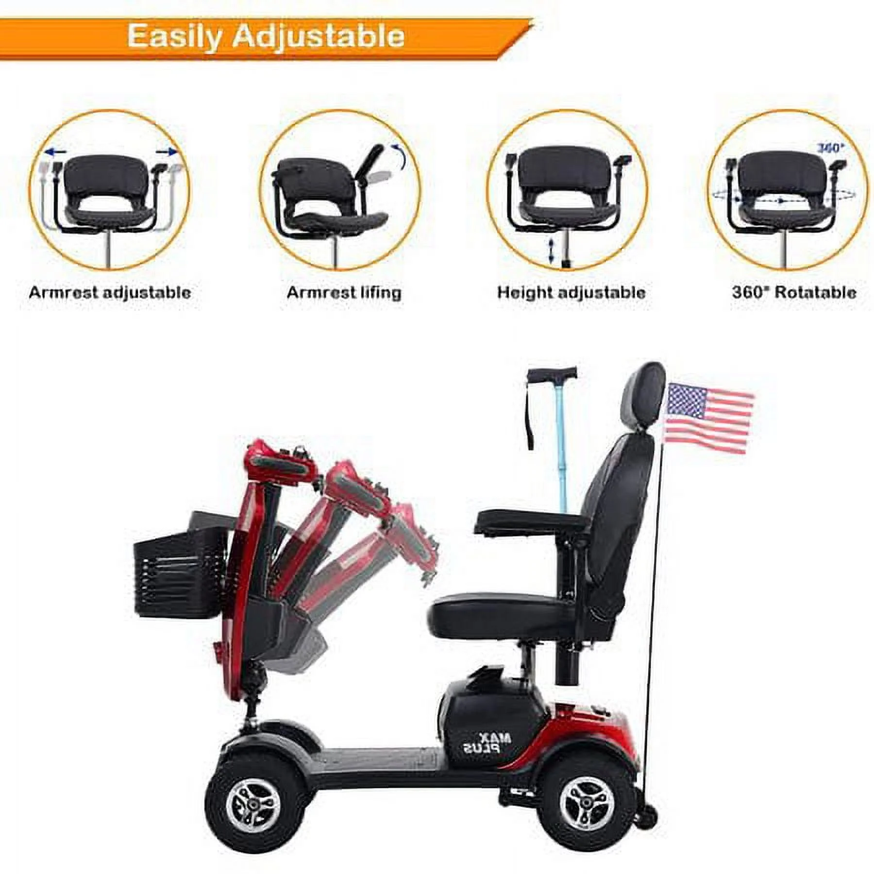 Mobility Scooter 4 Wheels LED Lights USB Port Extra Long Range for Seniors Adults Red