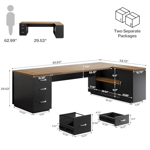 Tribesigns 85.8-Inch L-Shaped Executive Desk with File Drawers, Door Cabinet & Shelves, Extra Large Commercial Office Desk, Modern Professional Office Table, White & Brown Business Furniture