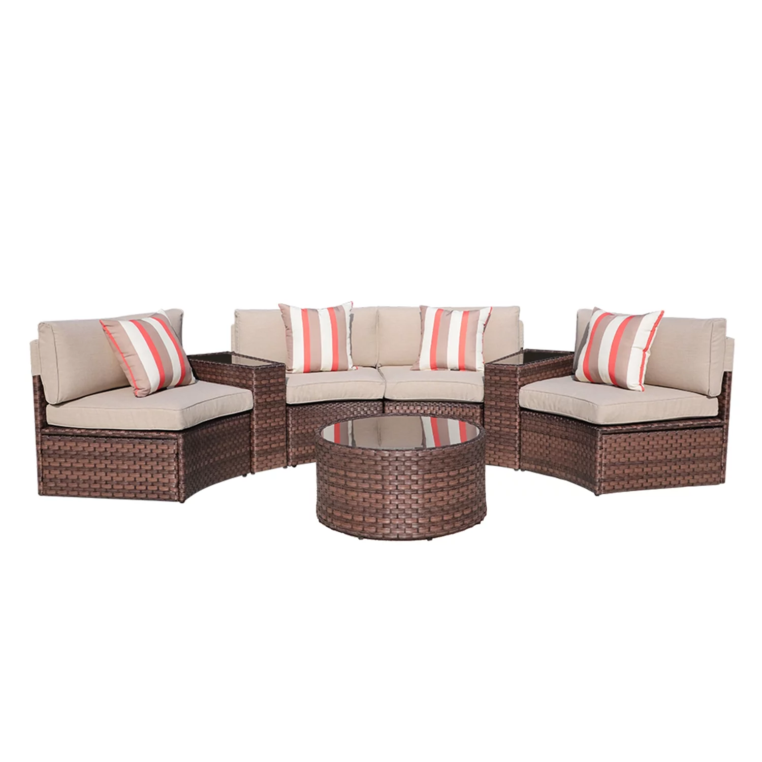 Outdoor Sectional Half-Moon Curved Sofa Set, 7-Piece Brown All Weather PE Wicker Sectional Furniture Set with Round Coffee Table and Side Tables, 4 Pillows & Waterproof Cover Included, Beige Cushion