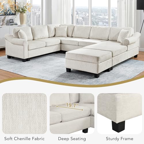 Oversized U-Shaped Sectional Sofa Couch Plush Corduroy Upholstered Modular Deep Seat Sofa&Couch Sectional W/Right Facing Chaise Lounge and 7 Toss Pillows for Home Apartment Living Room Furniture Sets