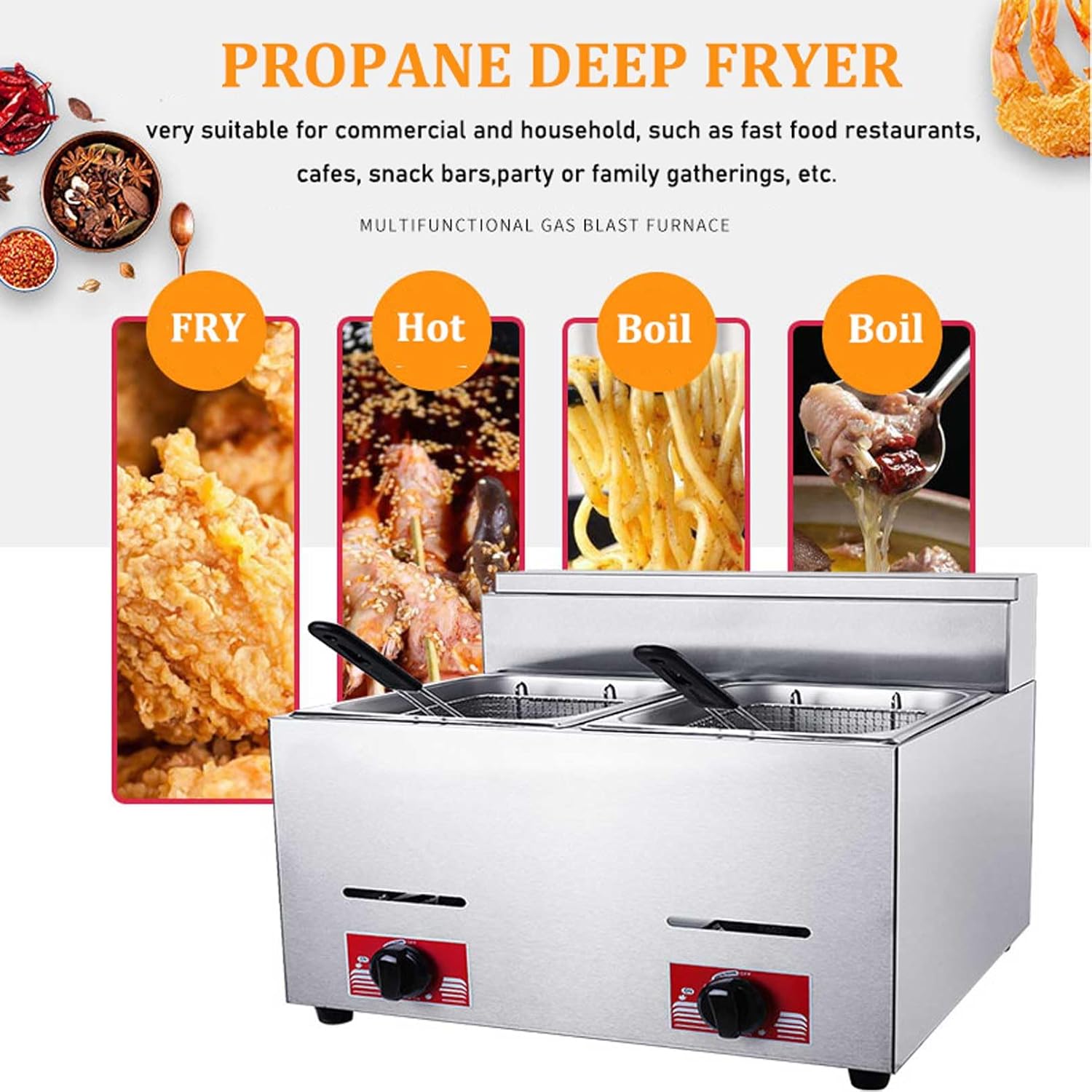 LPG Gas Deep Fryer with 6L*2 Basket and Lid Stainless Steel Countertop Propane-LPG Propane (LPG) W/Metal Tube Home Kitchen