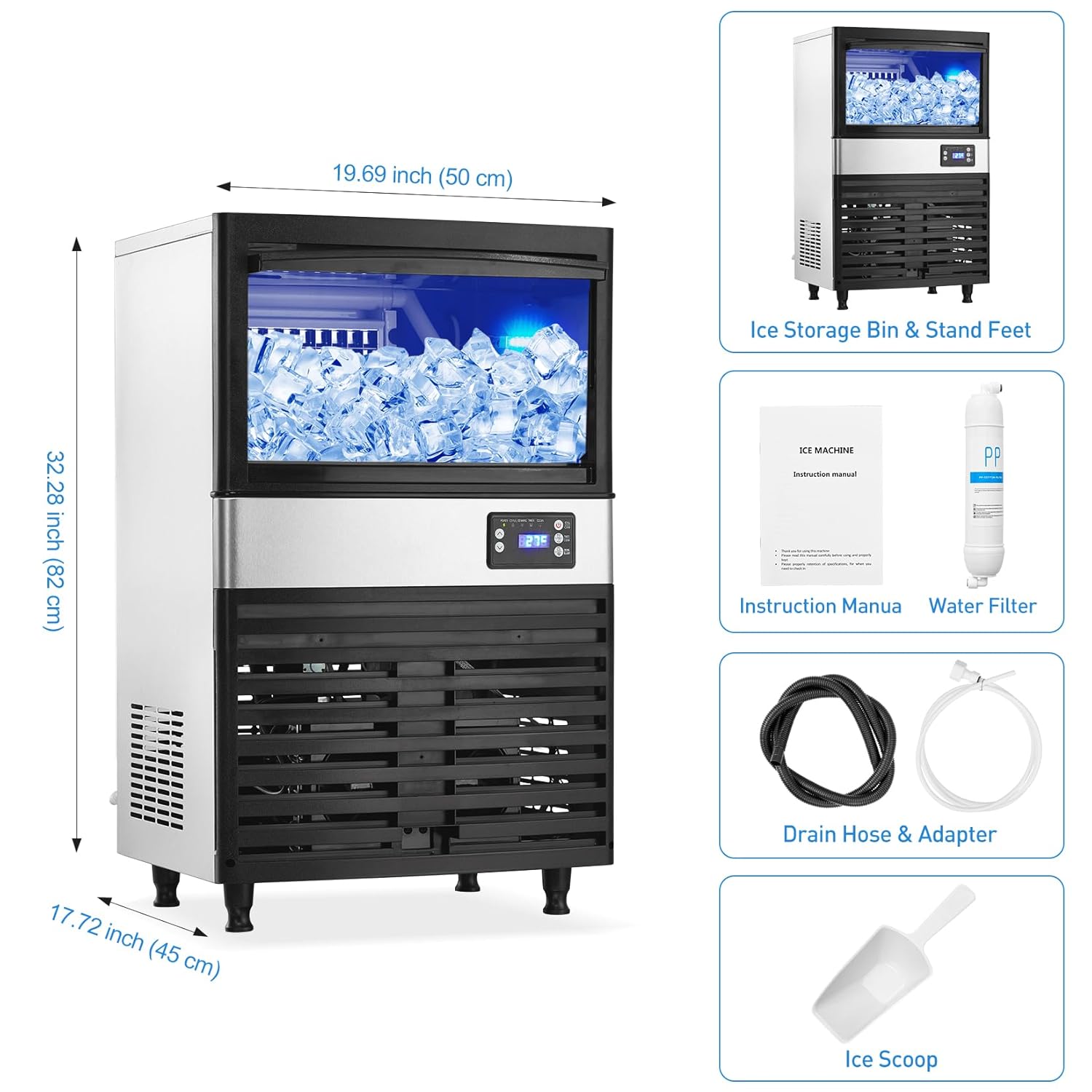 Commercial Ice Maker Machine, 110Lbs/24H, 26Lbs Storage Bin, Under Counter ice Machine, Automatic Cleaning Function Ideal for Home, Bar, Hotel,Coffee Shop, 2 Water Inlet Modes