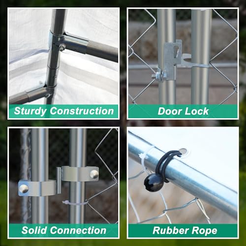 13.1x7.5x7.6 FT Outdoor Dog Kennel, Large Heavy Duty Galvanized Steel Dog Cage with Waterproof Cover, Dog Fence House w/Secure Lock, Anti Rust Dog Enclosure Playpen for Backyard, Silver