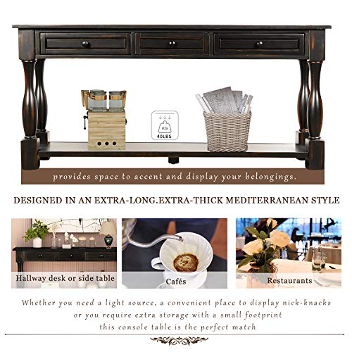 Solid Wood 64" Long Console Table with 3 Drawers and Bottom Shelf, Sofa Couch Table Entryway Table Side Table for Entryway, Hallway, Living Room, Bedroom