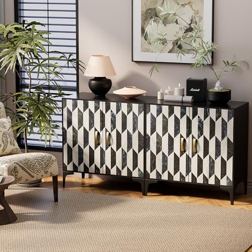 Anbuy Sideboard Buffet 2 Packs Kitchen Storage Cabinet with 4 Faux Marble Doors, Hallway, Liquor/Accent Cabinet with Gold Handles, 27.6 X 15.75X 31.5 Inches, Black