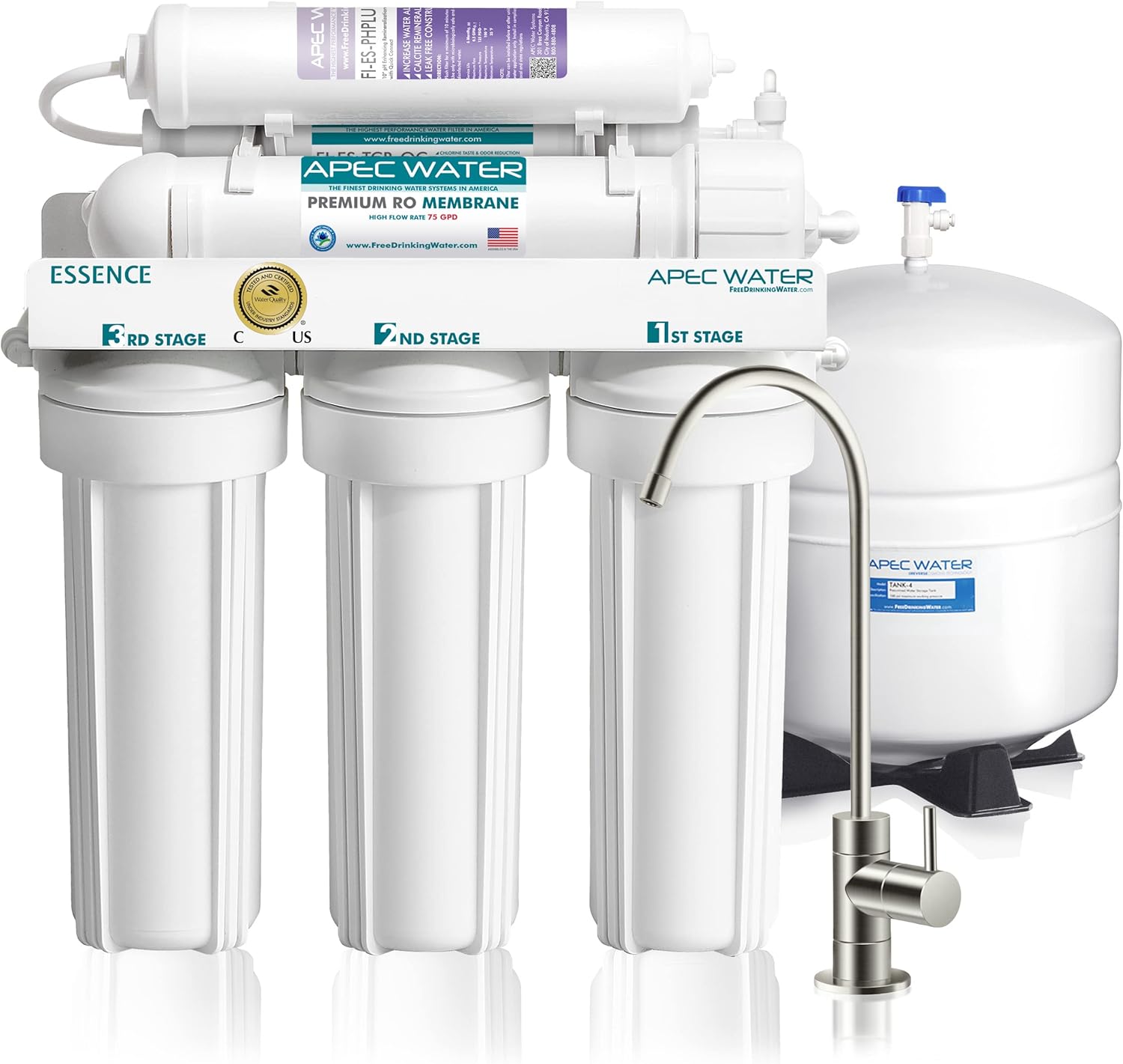 Whirlpool WHES40E 40,000 Grain Softener, White & APEC Water Systems ROES-PH75 Essence Series Top Tier Alkaline Mineral pH+ 75 GPD Osmosis Drinking Water Filter System, White