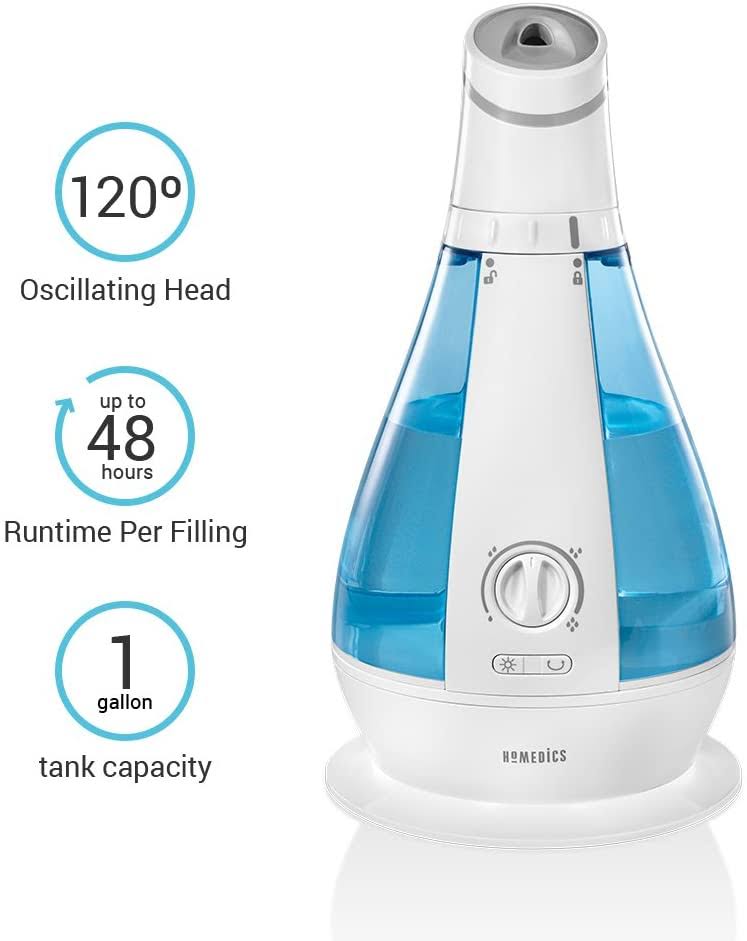 Homedics Cool Mist Oscillating Ultrasonic Humidifier | 120-Degree Rotation, 1 Gallon Tank