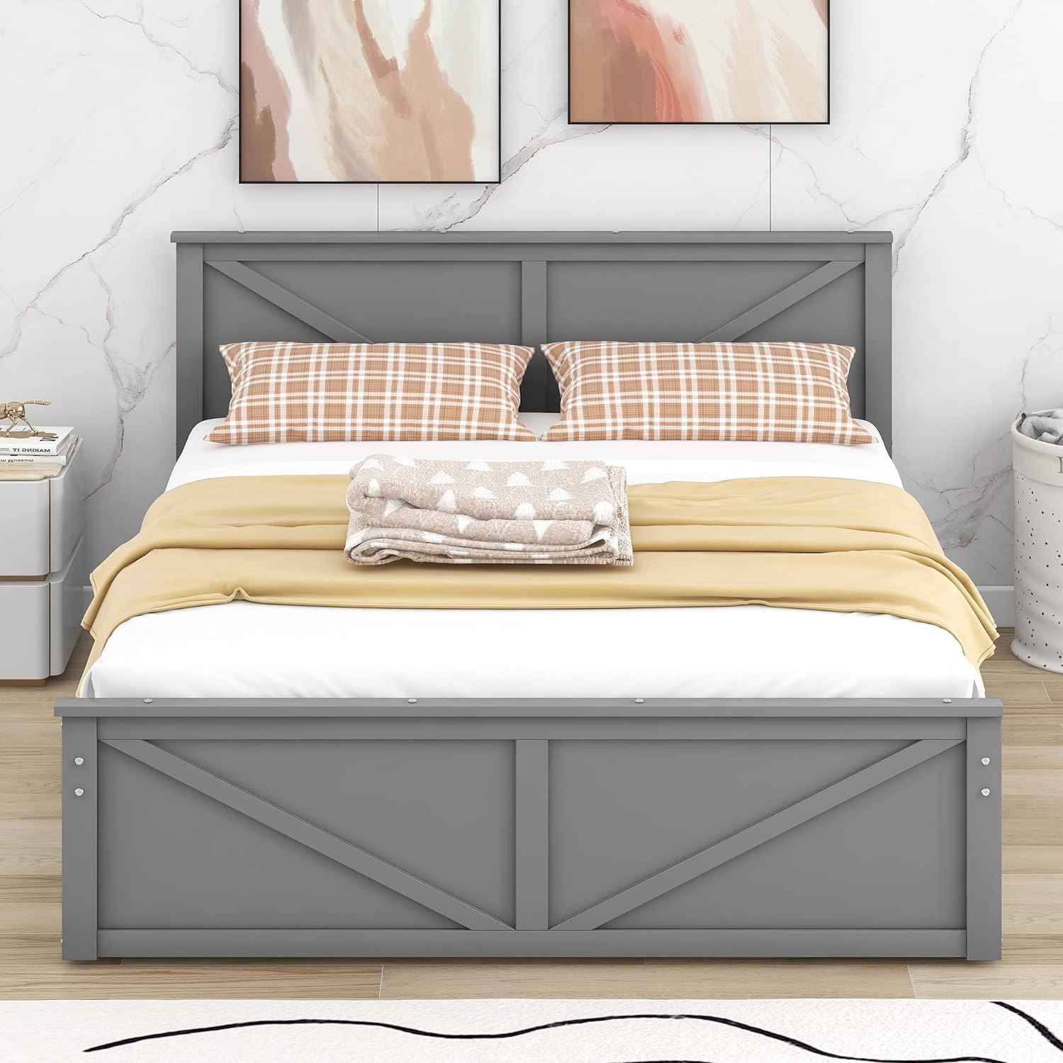 Queen Bed Frame With 4 Storage Drawers Wood Platform Bed With Headboard And Footboard Panel Beds With Slats For Boys, Girls, Kids, Teens, Gray