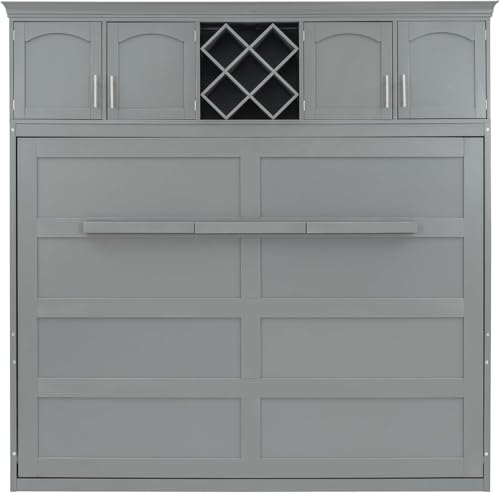 MERITLINE Queen Horizontal Murphy Bed Cabinet with Storage Bookcase Shelves and Charging Station,Wood Folding Grey Murphy Wall Bed for Adult
