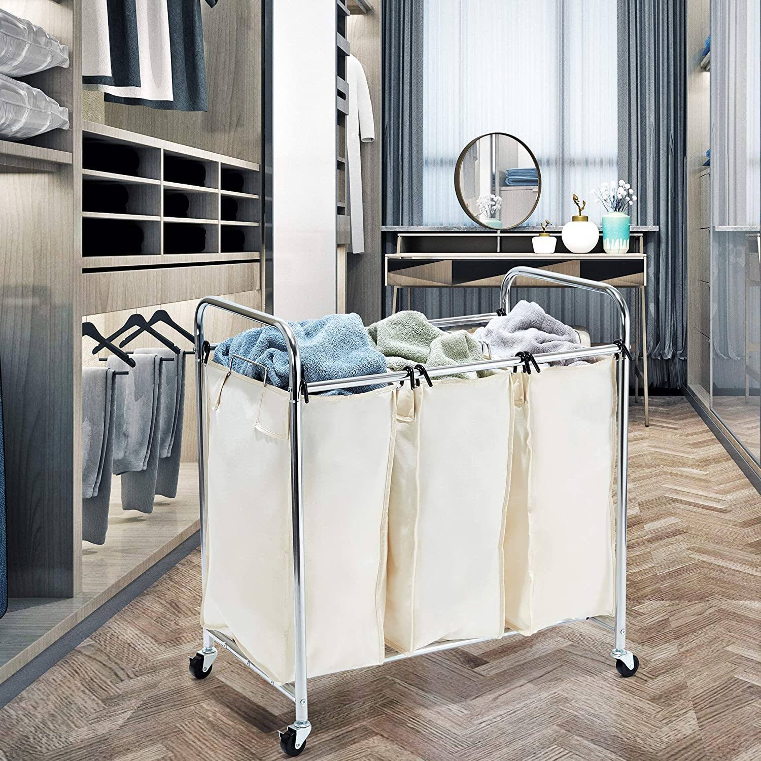 Seville Classics Mobile 3-Bag Heavy-Duty Laundry Hamper Sorter Cart