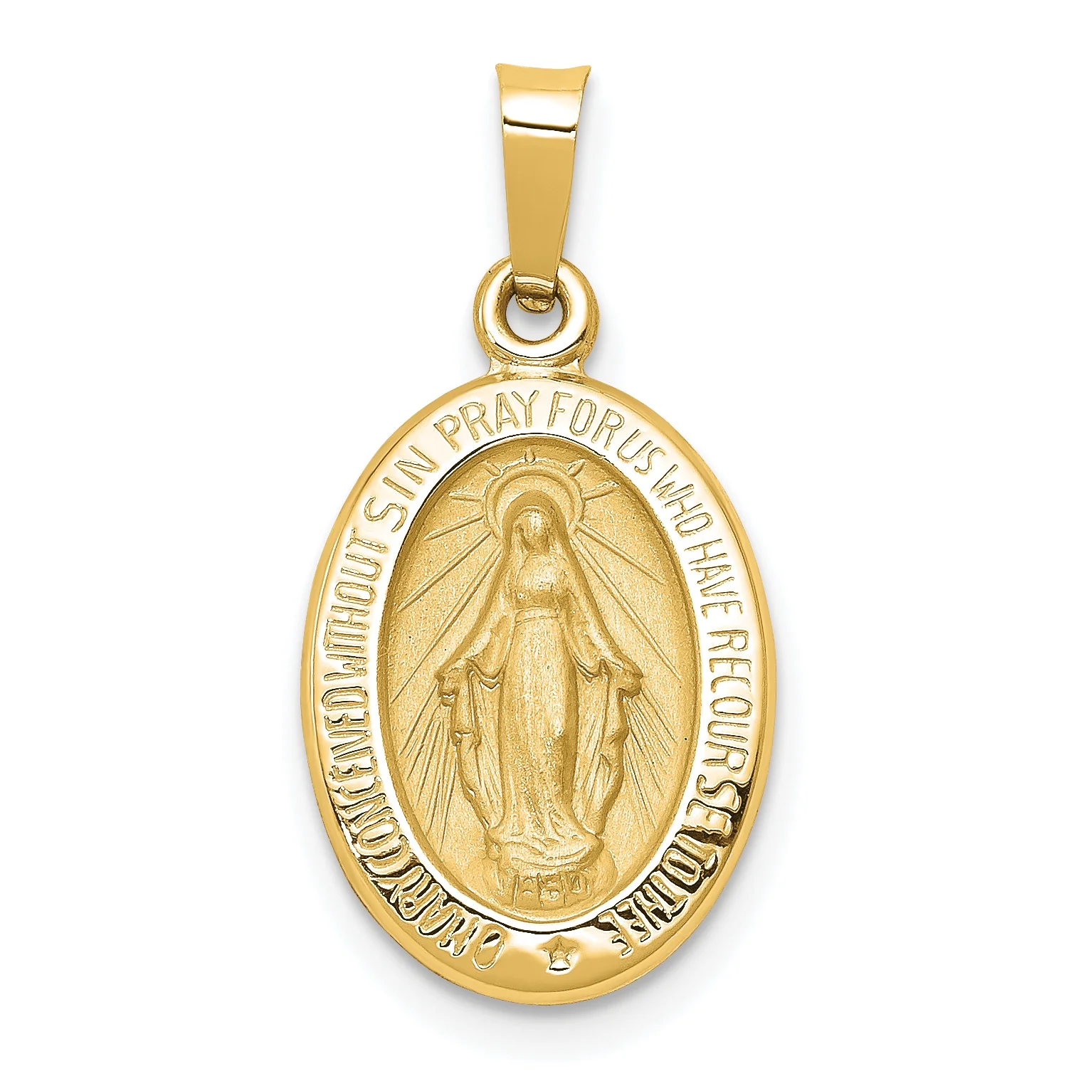 Carat in Karats 14K Yellow Gold Polished And Satin Miraculous Medal Hollow Pendant Charm (23mm x 12mm) With 14K Yellow Gold Lightweight Rope Chain Necklace 16''