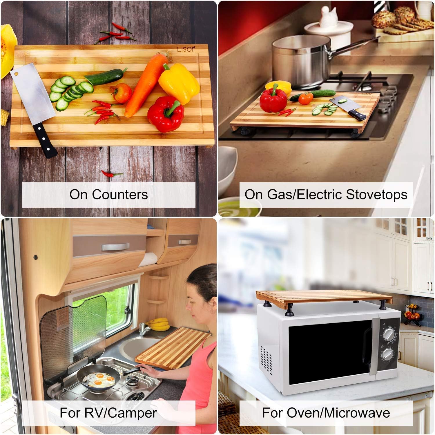 Bamboo Stovetop Cover&Countertop Cutting Board with Adjustable Legs, Dual-purpose Chopping Board for Electric Stove Burner, Workspace Block Cover for RV Camping Camper Gas Cook Top Cover