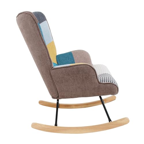 Patchwork Rocking Chair Accent Armchair Single Sofa Chair with Footstool and Pillow Fabric Upholstered High Back Armchairs Lounge Chair for Living Room Reading Bedroom 35''Lx 26''Wx37.8''H Colorful