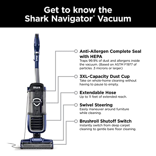 Shark NV151 Navigator Swivel Pro Complete Upright Vacuum with HEPA Filtration, Swivel Steering, Pet Power Brush, Crevice Tool & Upholstery Tool, for Pet Hair & Multi-Surface Cleaning, Navy