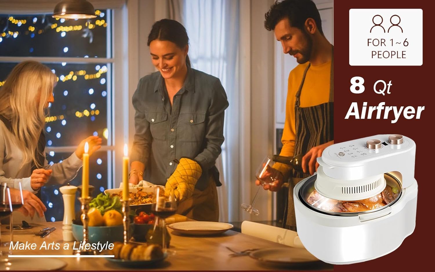 10-in-1 Functions Glass Air Fryer 8 Qt Large Capacity,Explosion-Proof,White Gold and Beige Cream Color,Rotating Grill Basket-Even Heating,Visible Window,Won't Burnt,No Smell