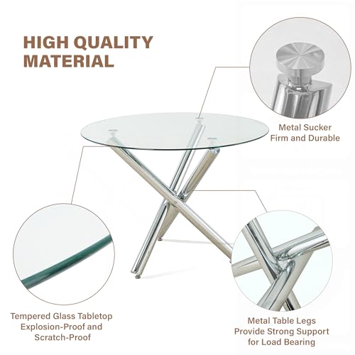 Round Glass Dining Table Set for 4, 47'' Circle Dining Table Set, Glass Dining Room Table Set for 4 with Clear Acrylic Chair, Kitchen Table Chairs Set with Round Base for Dining Room,Amber