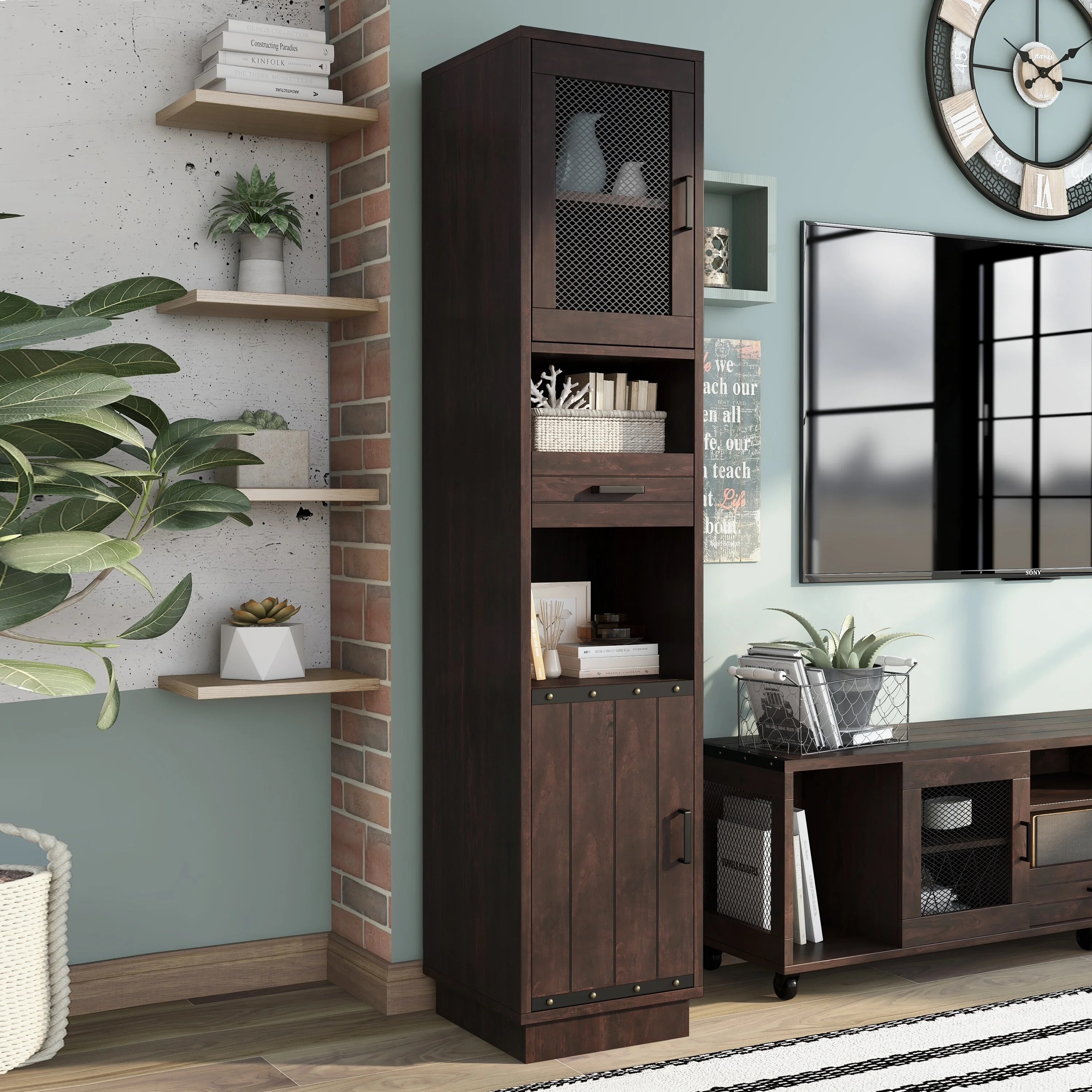 Furniture of America Hury Farmhouse Walnut Multi-Storage TV Tower by  Vintage Walnut Walnut Finish