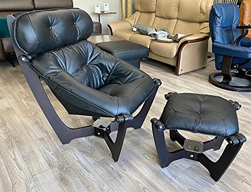 IMG Luna High Back Black Leather Chair and Ottoman - Prime P301 Black Leather Espresso Wood