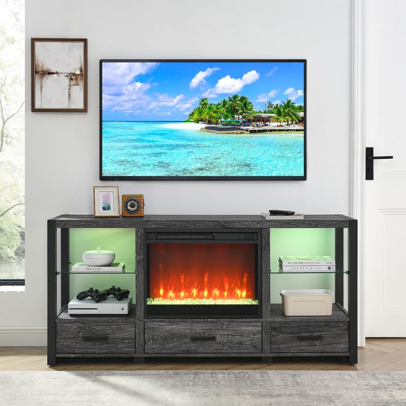 Farmhouse TV Stand with Fireplace,Entertainment Center for TVs up to 65" TV,Media Console Television Stands w/Storage Cabinet & Adjustable Shelves,Coffee Table Credenza for Living Room,Grey