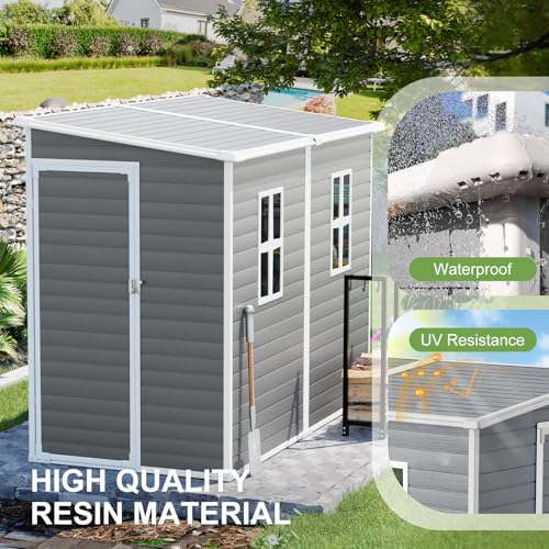 8x6x7 FT Resin Storage Shed, Waterproof Outdoor Storage Shed w/Floor, 2 Windows, Double Lockable Doors & Vents, Tool Shed for Patio Garden, Lawn, Backyard, Dove Grey