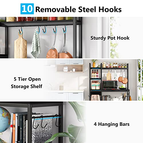 Tribesigns Bakers Rack with Storage Hutch for Kitchen, 43 inch Microwave Oven Stand, 5-Tier Kitchen Utility Storage Shelf, Kitchen Rack Organization and Storage with 10 Hooks for Kitchen, Dining Room