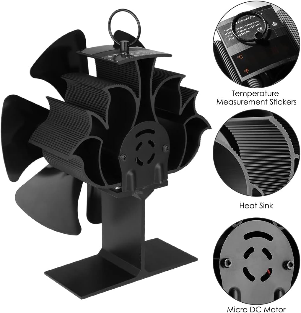 TEENGSE Heat Powered Wood Stove Fan 6 Blades with Thermometer, Silent Fireplace Top fan for Home Wood Burning Heater Burner Silent Eco-Friendly High Efficient Thermal Heat Distribution Accessory-Black Pack of 2