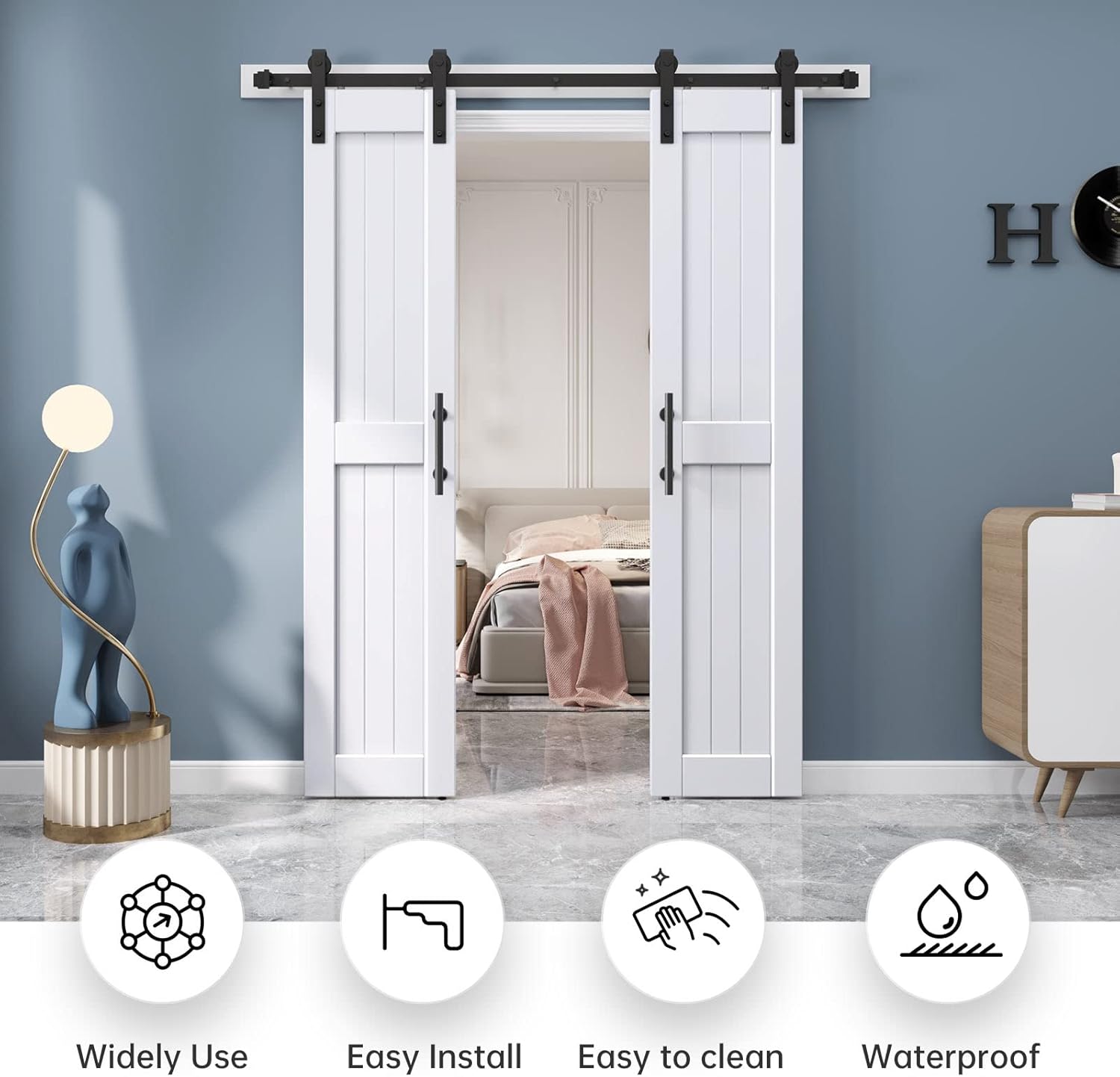 EaseLife 36in x 84in (Double 18in×84in Door) Barn Door with 6.6FT Sliding Door Hardware & Handle Included,DIY Assemblely,Easy Install,Water-Proof,Apply to Interior Exterior Rooms,H-Frame,White