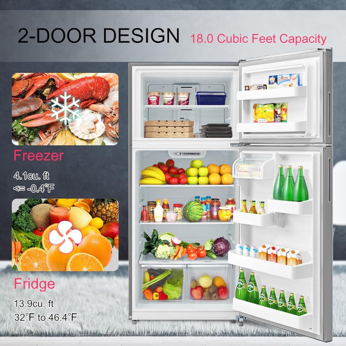 18 Cu.Ft Top Freezer Refrigerator, Apartment Size Refrigerator with Adjustable Feet, Garage Ready Refrigerator for Dorm, Garage, Office, Bedroom, Stainless Steel