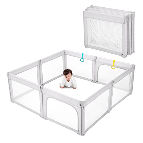Baby Playpen Foldable 79x59 Playpen for Babies and Toddlers, Adjustable Play Pen for Toddlers 1-3 Baby Fence Baby Play Yards for Indoor & Outdoor Baby Gate Playpen with Packing Bag, Light Grey