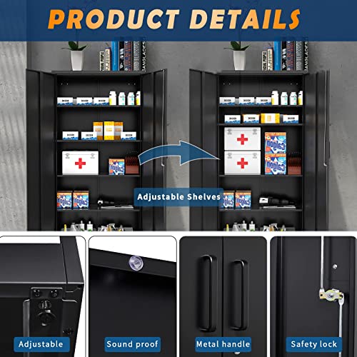 Yizosh Metal Garage Storage Cabinet with 2 Doors and 5 Adjustable Shelves - 71" Steel Lockable File Cabinet,Locking Tool Cabinets for Office,Home,Garage,Gym,School (Gray White)