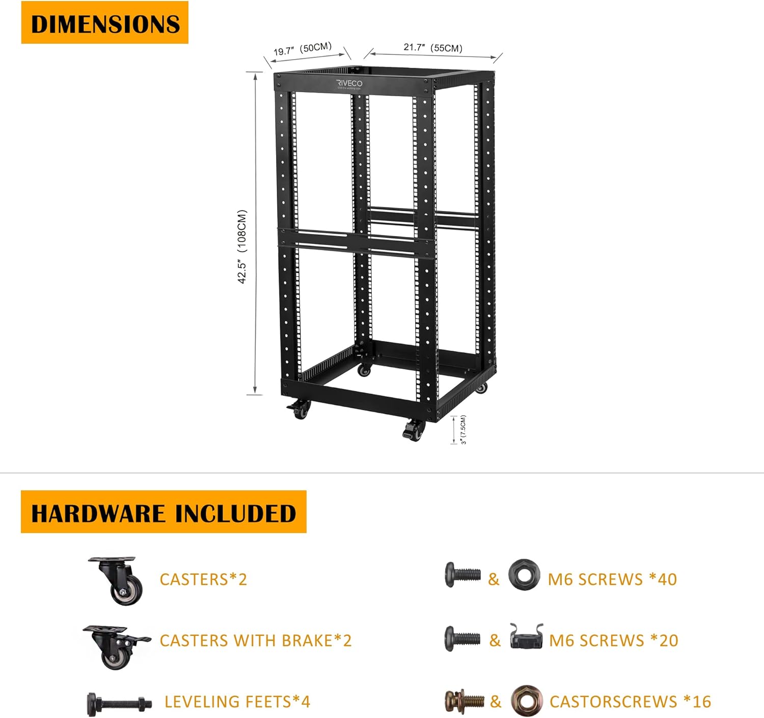 RIVECO 9U Open Frame Server Rack with Casters- Heavy Duty 4 Post Quick Assembly 19-inch, Stereo Rack Network Cabinet Black