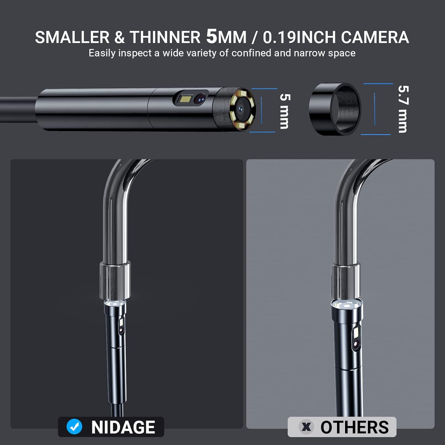 Triple Lens Endoscope Inspection Camera with 5'' IPS Screen NIDAGE 1080P Industrial Snake Camera with 11.5FT Waterproof Flexible Cable 8 LEDs 32GB Card Toolbox, Automotive Borescope Drain Pipe Camera