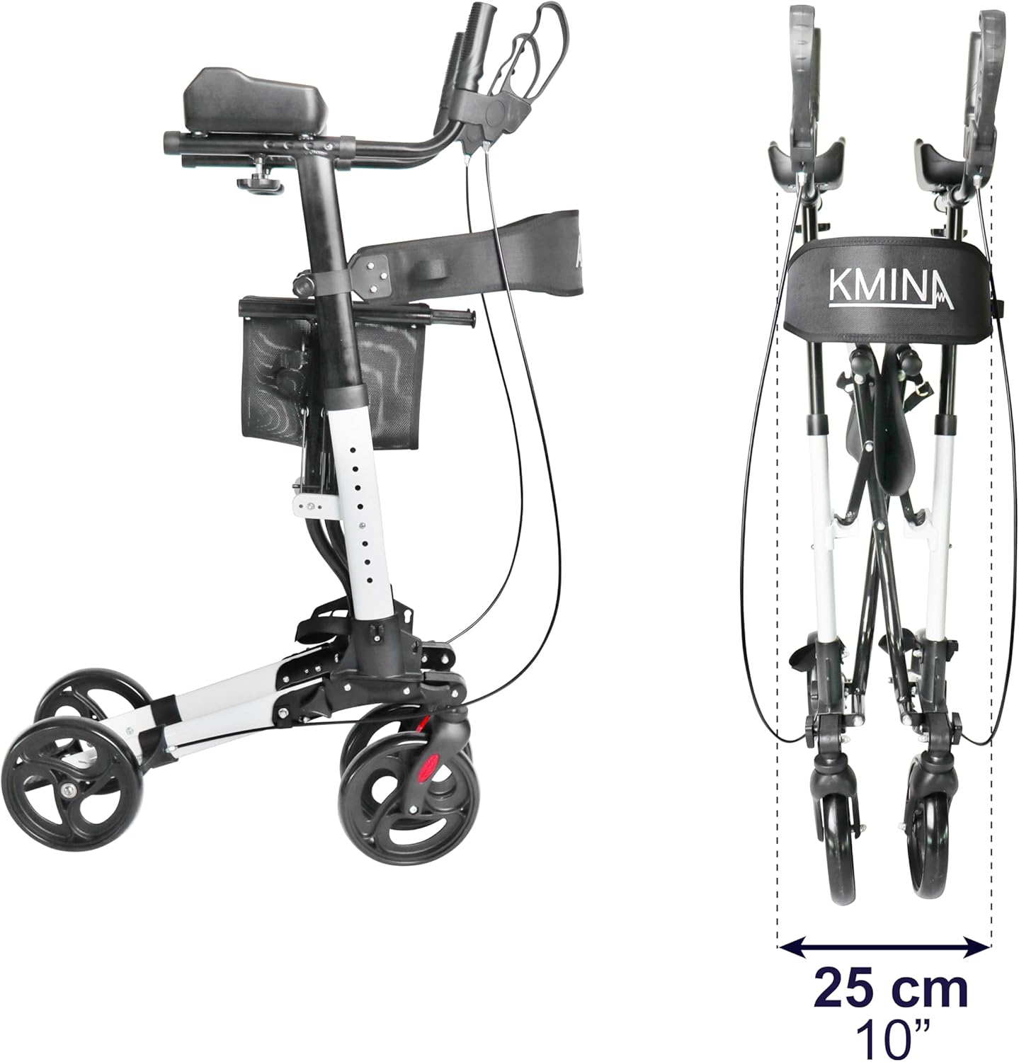 KMINA - Upright Rollator Walker with Seat and Back Support, Folding Stand Up Walkers for Seniors with Armrest, Upright Walkers for Elderly Adjustable, Stand Up Rolling Walker with Forearm Support
