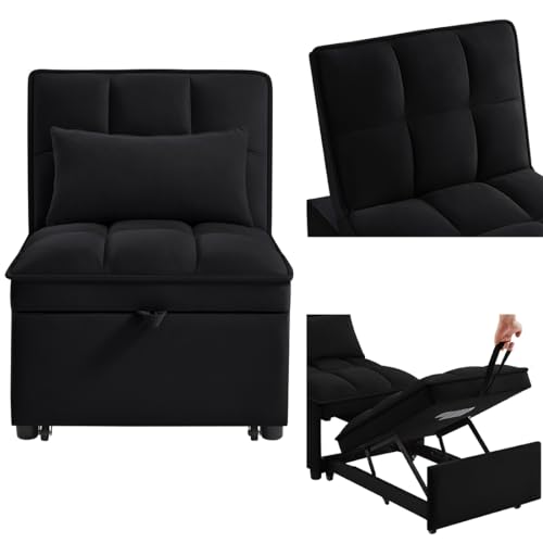 4 in 1 Convertible Sleeper Sofa Chair, Single Pull Out Couch with 6-Level Adjustable Backrest&Pillows,Modern Velvet Sofa Bed with Storage Pockets for Bedroom Living Room Small Space (Navy)